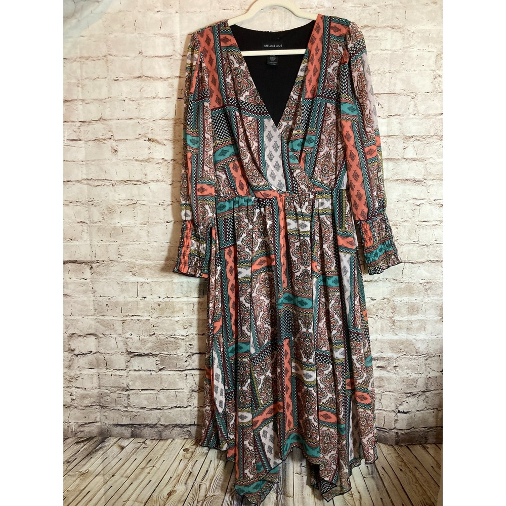 Stella & Julie Midi Dress Womens 12 Coral & Turquoise Mixed Print Asymmetric Hem